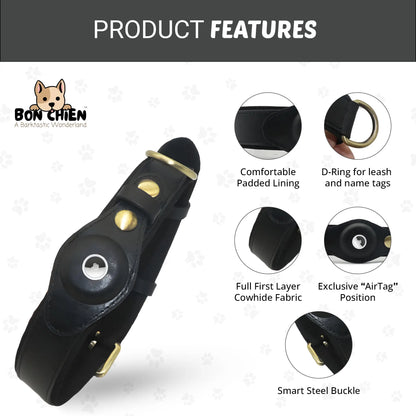 Bon Chien Premium Leather Dog Collar with Apple AirTag Holder - Waterproof and Adjustable Pet Accessory for Secure Tracking of Your Beloved Dogs