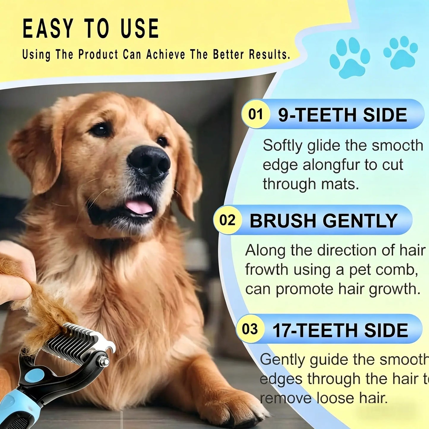 Professional Pet Detangling Comb - Double-Sided Grooming Brush for Dogs and Cats with One-Click Undercoat Rake for Shedding and Mat Removal