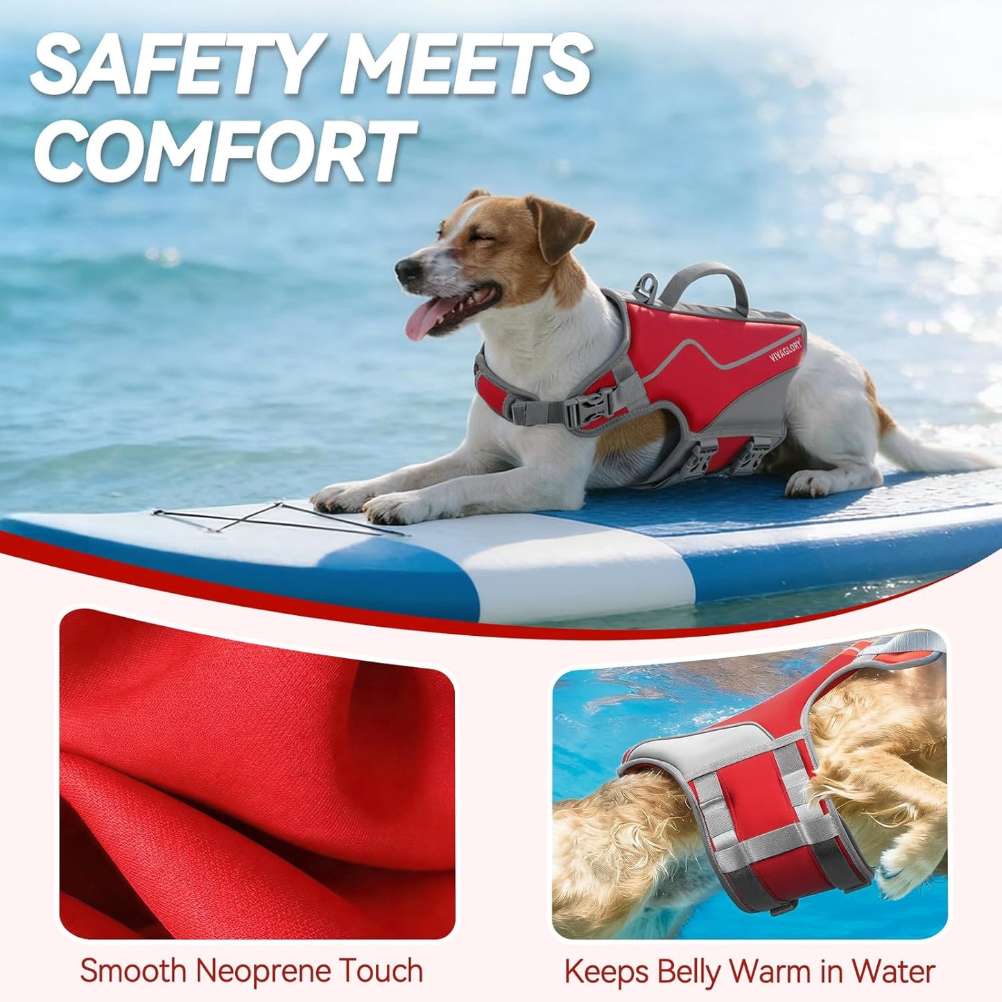 Neoprene Dog Life Vest - Comfortable and Buoyant Life Jacket for Swimming and Boating, with Handle, Medium Size, Red