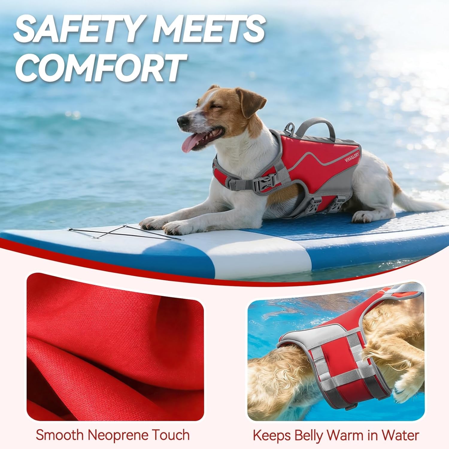 Neoprene Dog Life Vest - Comfortable and Buoyant Life Jacket for Swimming and Boating, with Handle, Medium Size, Red