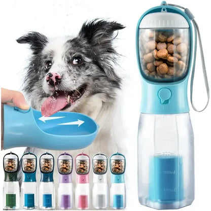 3-in-1 Portable Water Bottle for Dogs with Food Container and Poop Bag Holder - 20oz Travel Bowl Dispenser for Large Dogs - Blue