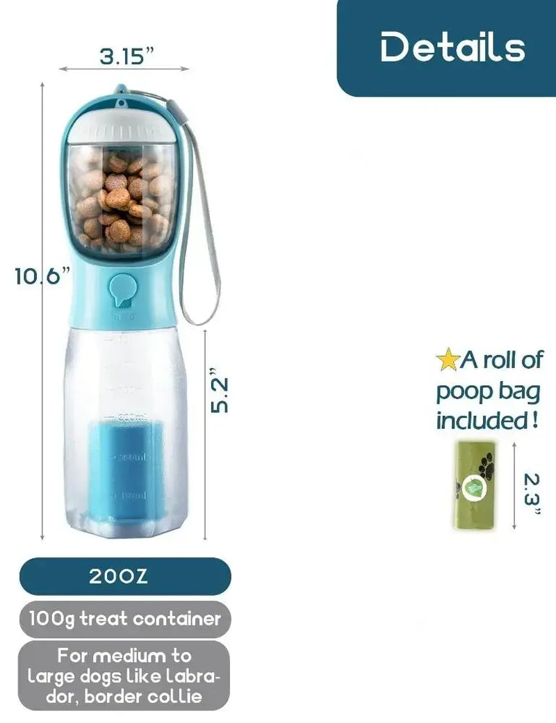 3-in-1 Portable Water Bottle for Dogs with Food Container and Poop Bag Holder - 20oz Travel Bowl Dispenser for Large Dogs - Blue