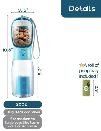 3-in-1 Portable Water Bottle for Dogs with Food Container and Poop Bag Holder - 20oz Travel Bowl Dispenser for Large Dogs - Blue