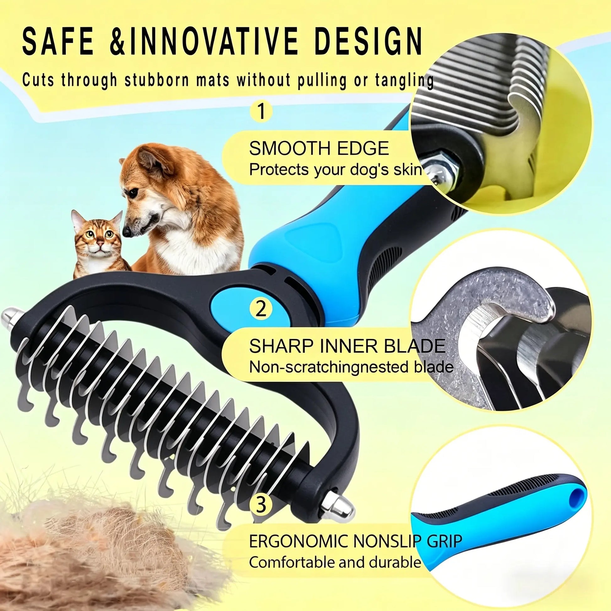 Professional Pet Detangling Comb - Double-Sided Grooming Brush for Dogs and Cats with One-Click Undercoat Rake for Shedding and Mat Removal