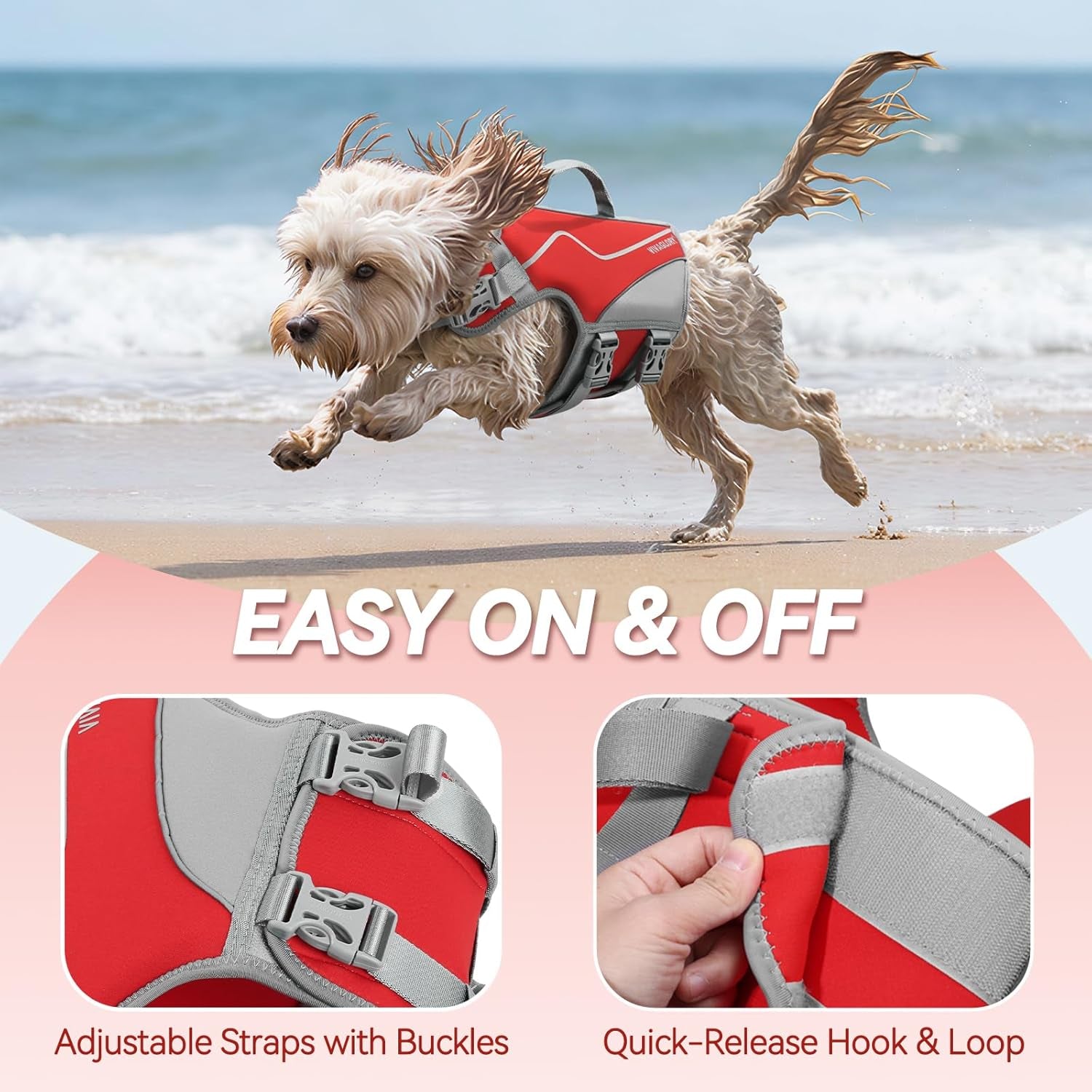 Neoprene Dog Life Vest - Comfortable and Buoyant Life Jacket for Swimming and Boating, with Handle, Medium Size, Red