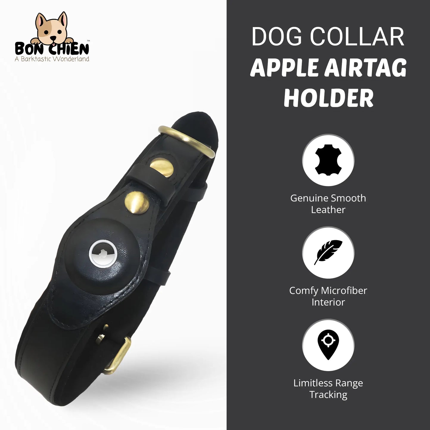 Bon Chien Premium Leather Dog Collar with Apple AirTag Holder - Waterproof and Adjustable Pet Accessory for Secure Tracking of Your Beloved Dogs