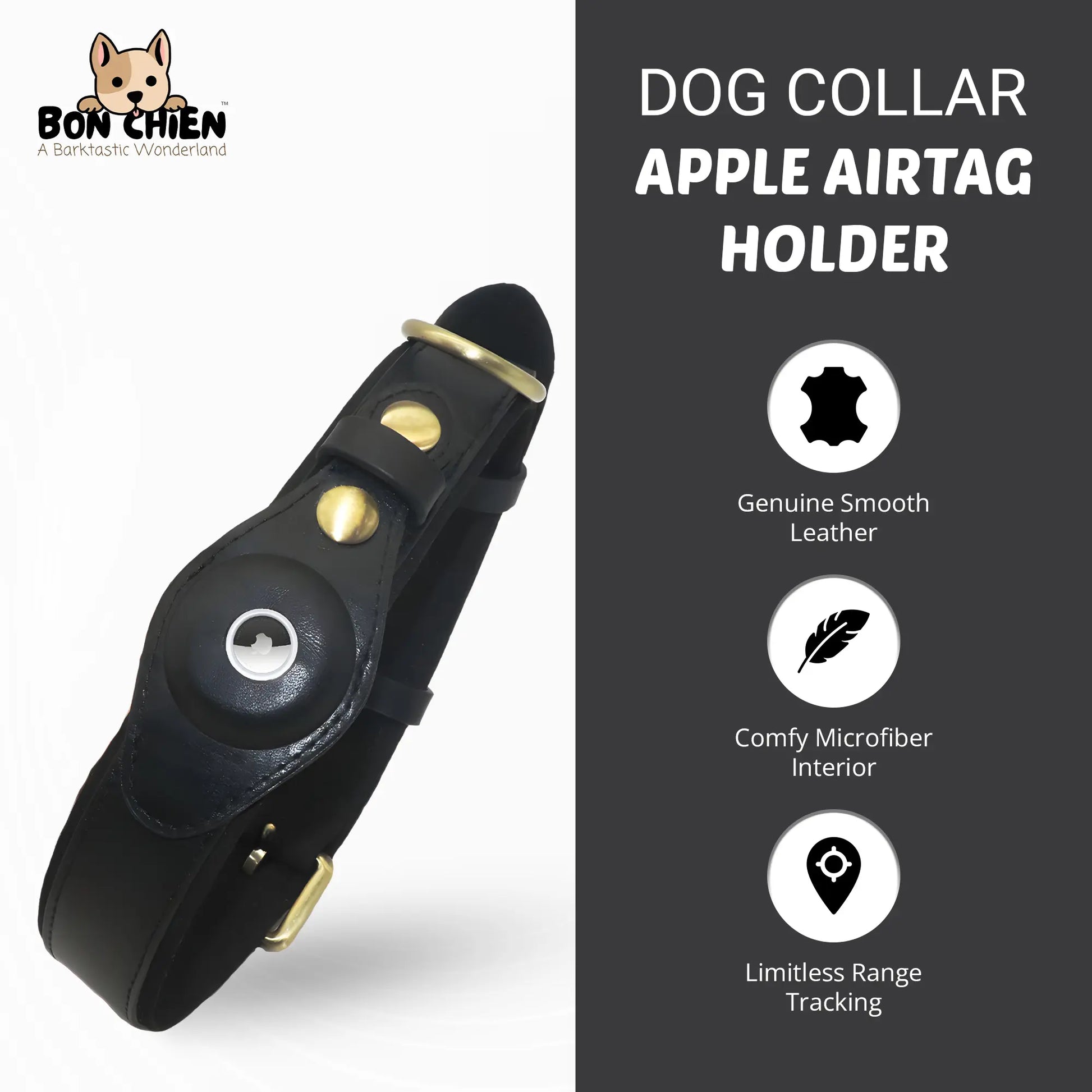 Bon Chien Premium Leather Dog Collar with Apple AirTag Holder - Waterproof and Adjustable Pet Accessory for Secure Tracking of Your Beloved Dogs