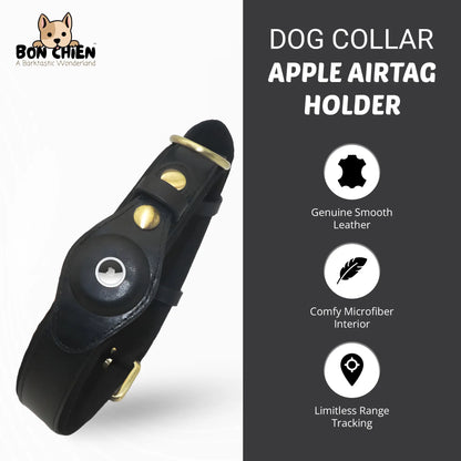 Bon Chien Premium Leather Dog Collar with Apple AirTag Holder - Waterproof and Adjustable Pet Accessory for Secure Tracking of Your Beloved Dogs