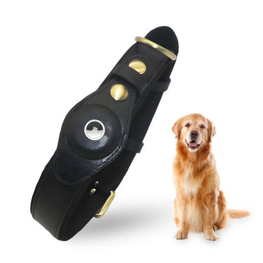 Bon Chien Premium Leather Dog Collar with Apple AirTag Holder - Waterproof and Adjustable Pet Accessory for Secure Tracking of Your Beloved Dogs