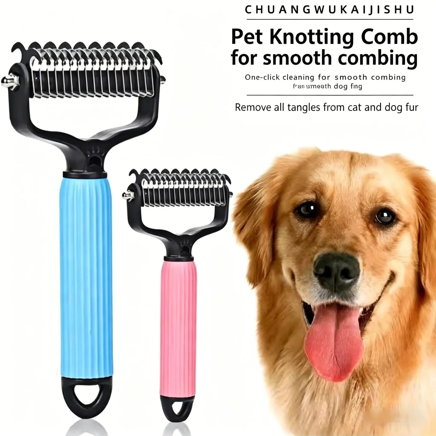 Professional Pet Detangling Comb - Double-Sided Grooming Brush for Dogs and Cats with One-Click Undercoat Rake for Shedding and Mat Removal