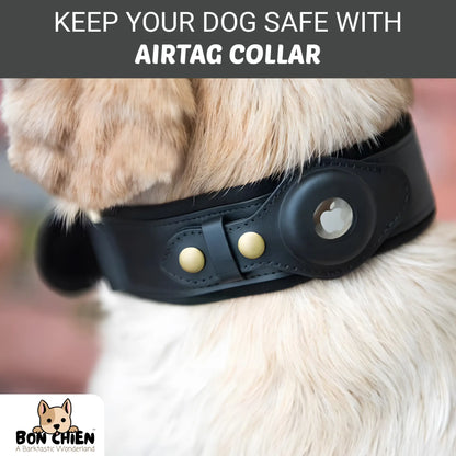 Bon Chien Premium Leather Dog Collar with Apple AirTag Holder - Waterproof and Adjustable Pet Accessory for Secure Tracking of Your Beloved Dogs