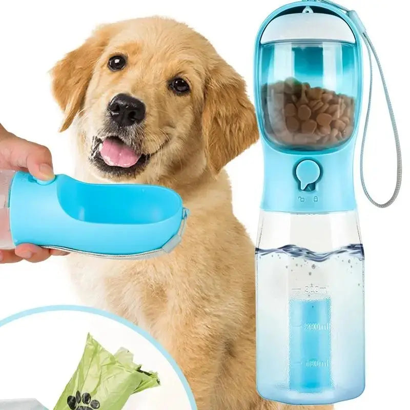 3-in-1 Portable Water Bottle for Dogs with Food Container and Poop Bag Holder - 20oz Travel Bowl Dispenser for Large Dogs - Blue