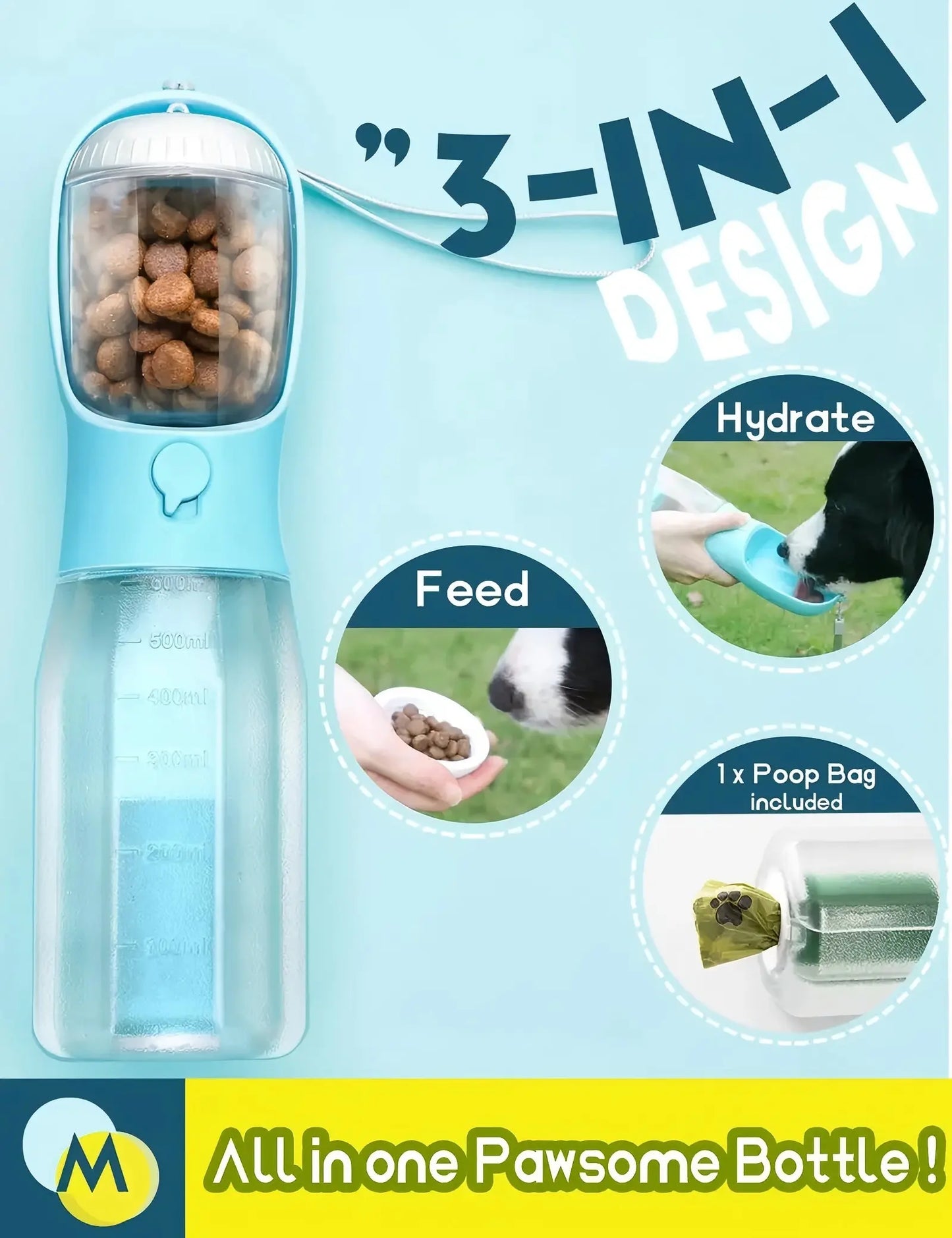 3-in-1 Portable Water Bottle for Dogs with Food Container and Poop Bag Holder - 20oz Travel Bowl Dispenser for Large Dogs - Blue